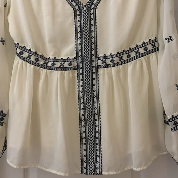 STELLA & DOT MAETTE SHEER BLOUSE SIZE M LINED NAVY EMBROIDERED  BUTTON LS - Picture 4 of 14